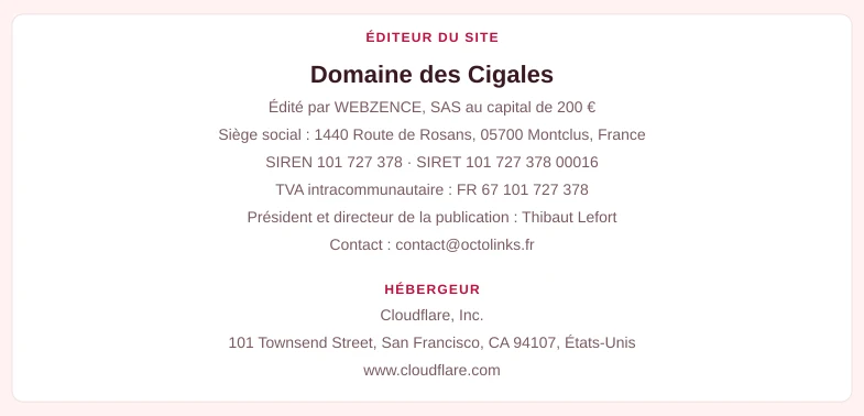 Coordonnées légales de l&rsquo;éditeur et de l&rsquo;hébergeur du site