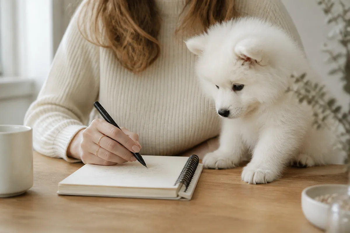 Éleveuse notant des informations sur un carnet à côté d&rsquo;un chiot samoyède dans un espace de vie clair