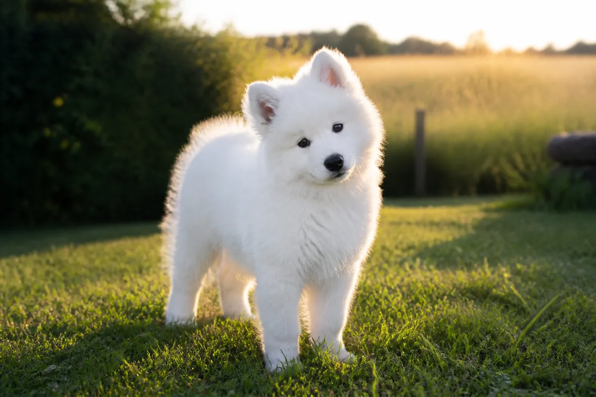 Chiot samoyède de deux mois debout dans l&rsquo;herbe, oreilles dressées, lumière douce de fin de journée