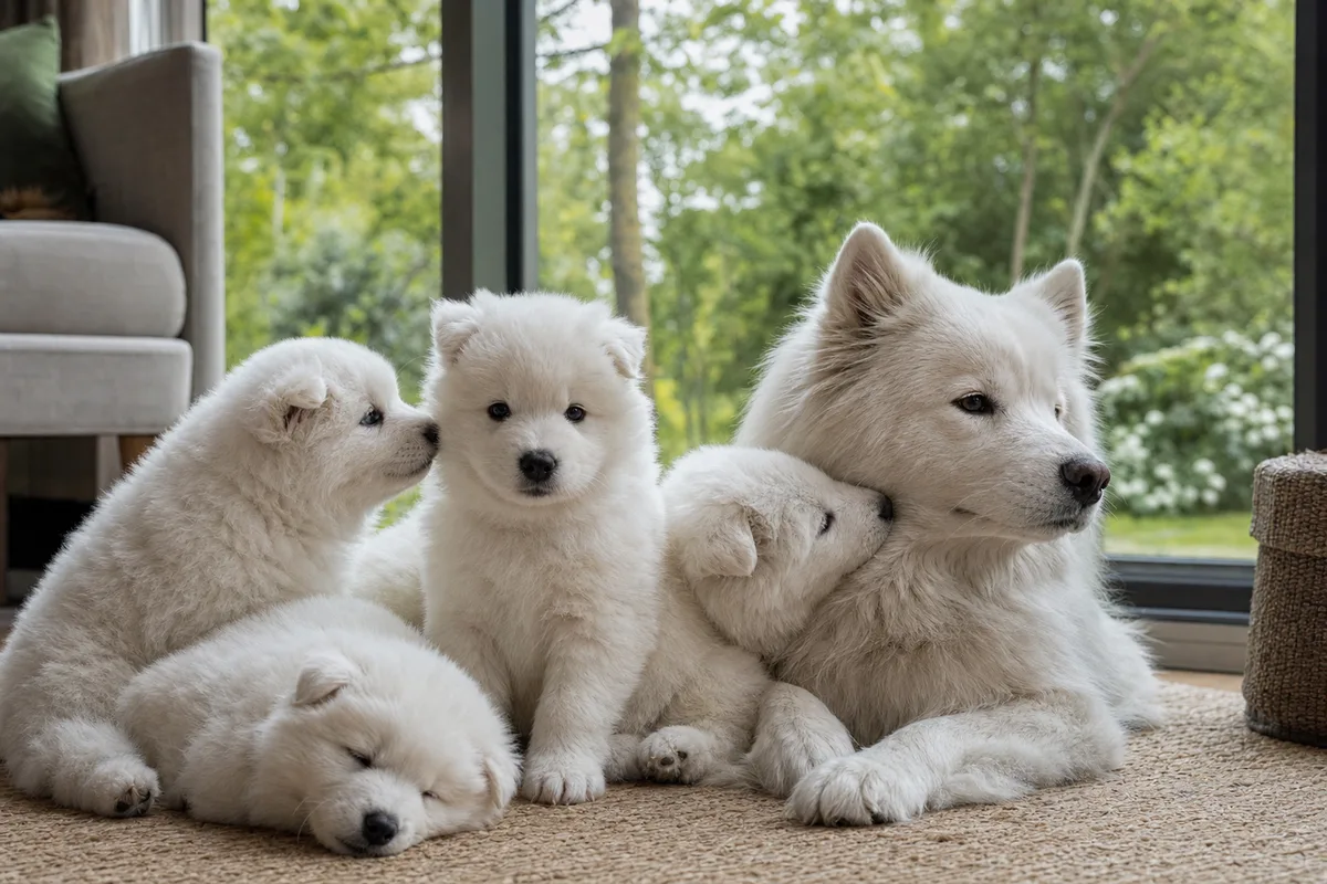 Portée de chiots samoyèdes blancs dans un salon, à côté de leur mère couchée sur un tapis