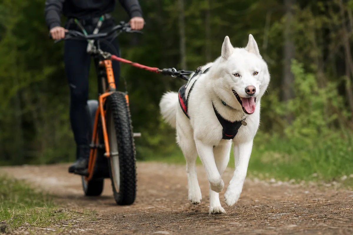 Attelage de traction avec un chien nordique harnaché tirant un trottinette sur un chemin forestier