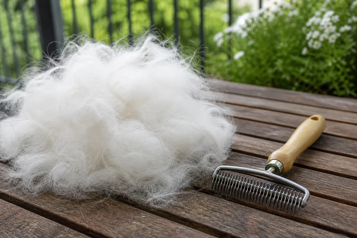 Grande touffe de sous-poil blanc retirée au brossage, posée sur une terrasse à côté d&rsquo;un râteau de toilettage