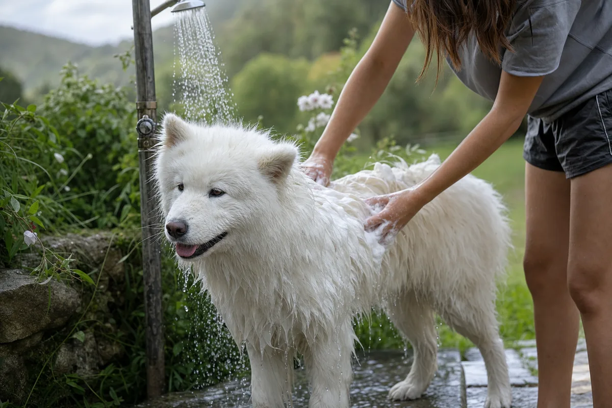 Samoyède mouillé sous une douche de jardin, mousse blanche sur le dos, propriétaire à côté