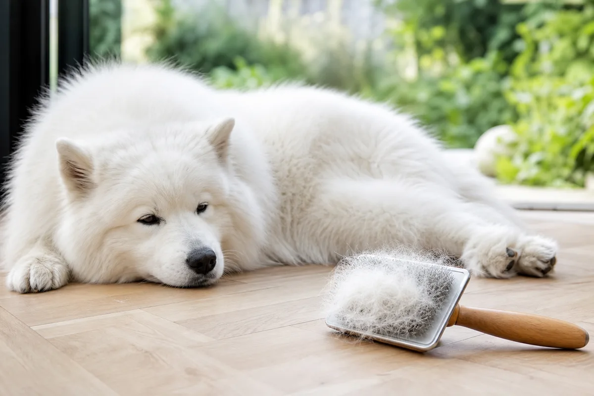 Brosse remplie de sous-poil blanc posée près d&rsquo;un chien couché sur un parquet clair