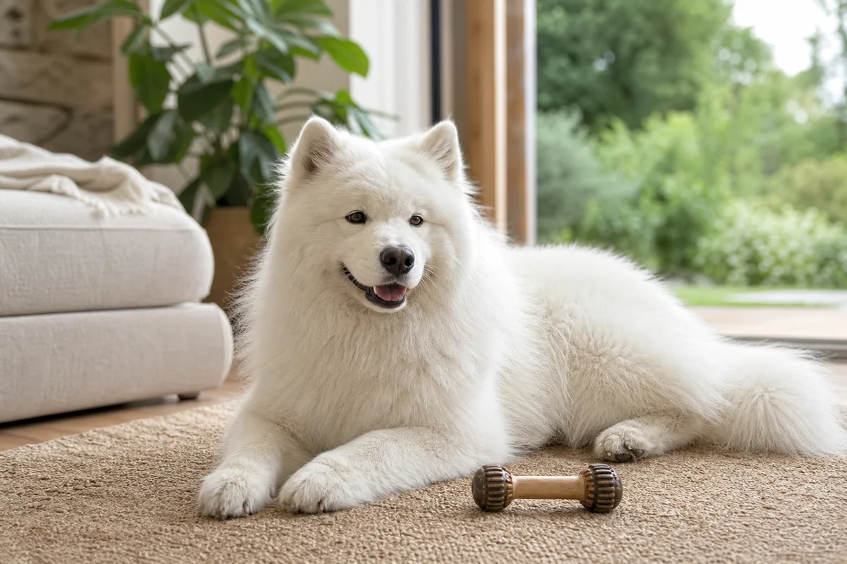 Samoyède couché sur un tapis dans un salon lumineux, jouet de mastication à côté de lui