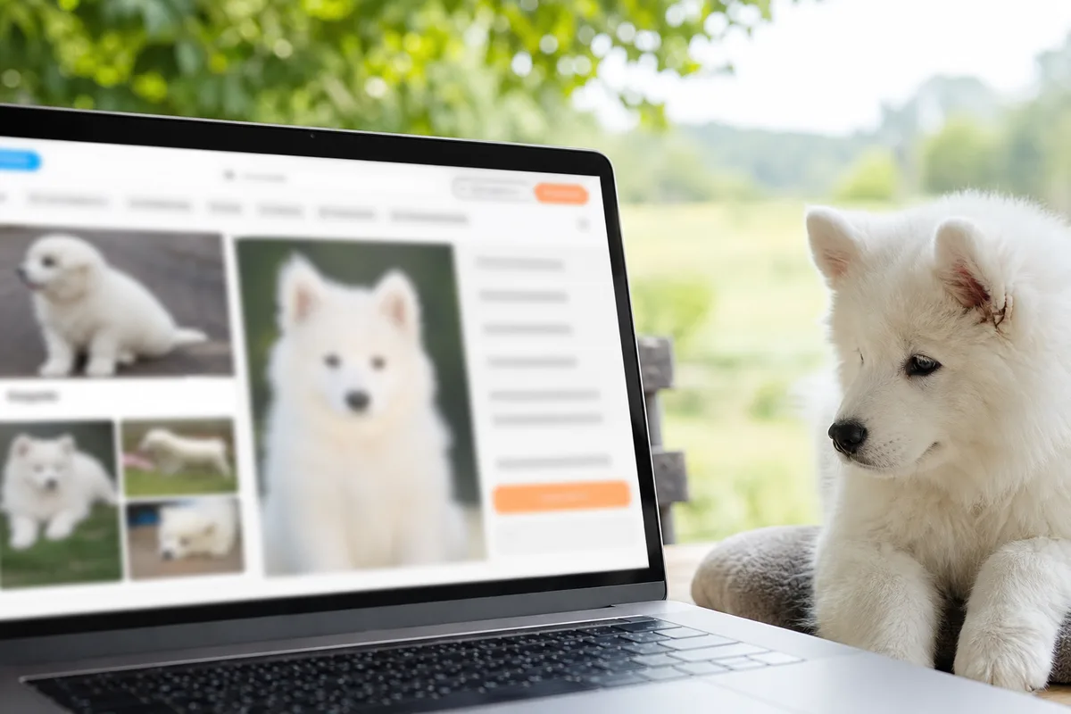 Écran d&rsquo;ordinateur affichant une petite annonce de vente de chiot avec plusieurs photos floues