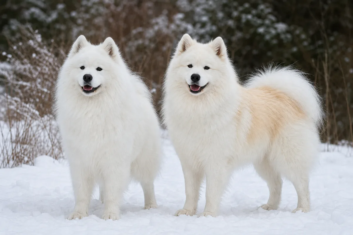 Deux samoyèdes côte à côte dans la neige, l&rsquo;un blanc pur, l&rsquo;autre avec des reflets biscuit sur le dos